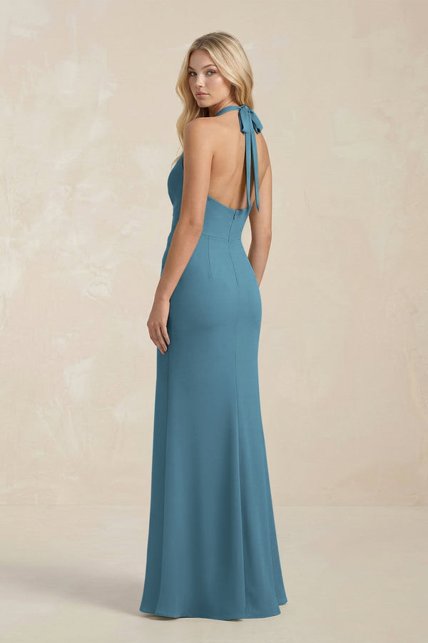 Ruched V - Neck Sheath Bridesmaid Dress With Bow in Twilight - KissProm Bridesmaid Dresses