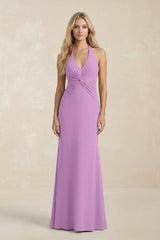 Ruched V - Neck Sheath Bridesmaid Dress With Bow in Vintage Mauve - KissProm Bridesmaid Dresses