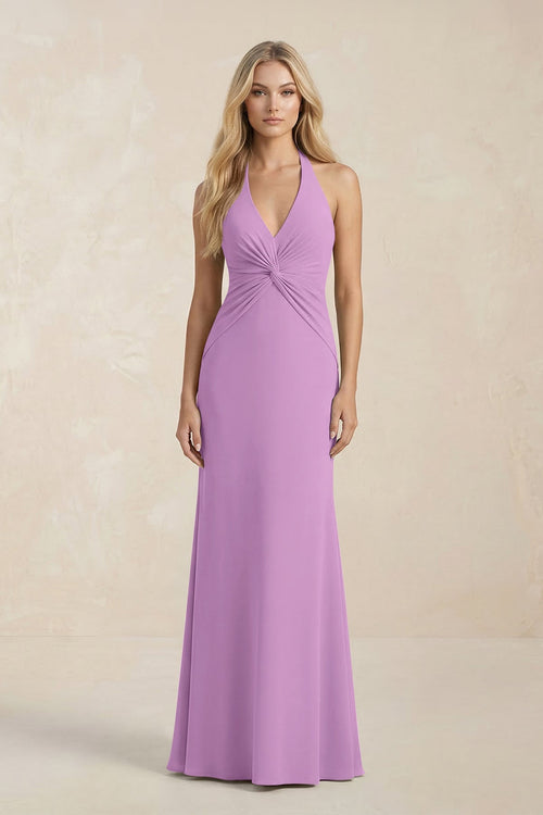 Ruched V - Neck Sheath Bridesmaid Dress With Bow in Vintage Mauve - KissProm Bridesmaid Dresses