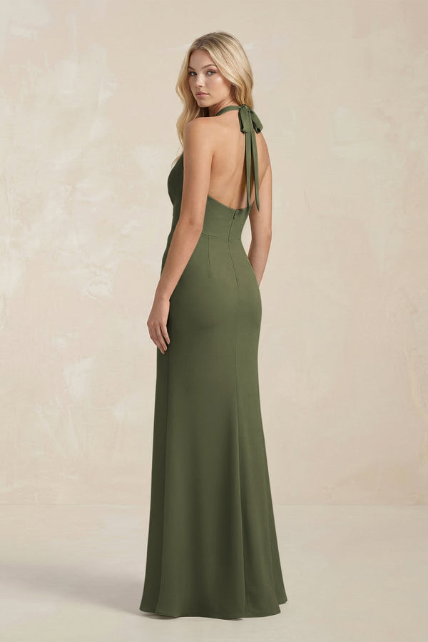 Ruched V - Neck Sheath Bridesmaid Dress With Bow in Willow Green - KissProm Bridesmaid Dresses