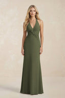 Ruched V - Neck Sheath Bridesmaid Dress With Bow in Willow Green - KissProm Bridesmaid Dresses