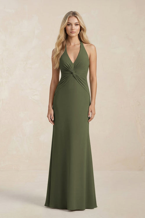 Ruched V - Neck Sheath Bridesmaid Dress With Bow in Willow Green - KissProm Bridesmaid Dresses