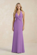Ruched V - Neck Sheath Bridesmaid Dress With Bow in Wisteria - KissProm Bridesmaid Dresses