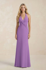 Ruched V - Neck Sheath Bridesmaid Dress With Bow in Wisteria - KissProm Bridesmaid Dresses