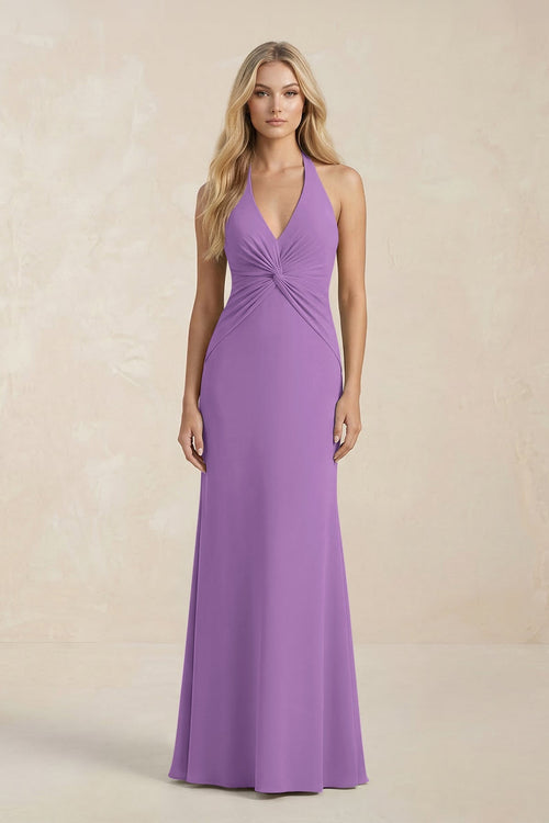 Ruched V - Neck Sheath Bridesmaid Dress With Bow in Wisteria - KissProm Bridesmaid Dresses
