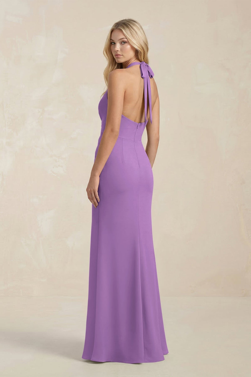 Ruched V - Neck Sheath Bridesmaid Dress With Bow in Wisteria - KissProm Bridesmaid Dresses