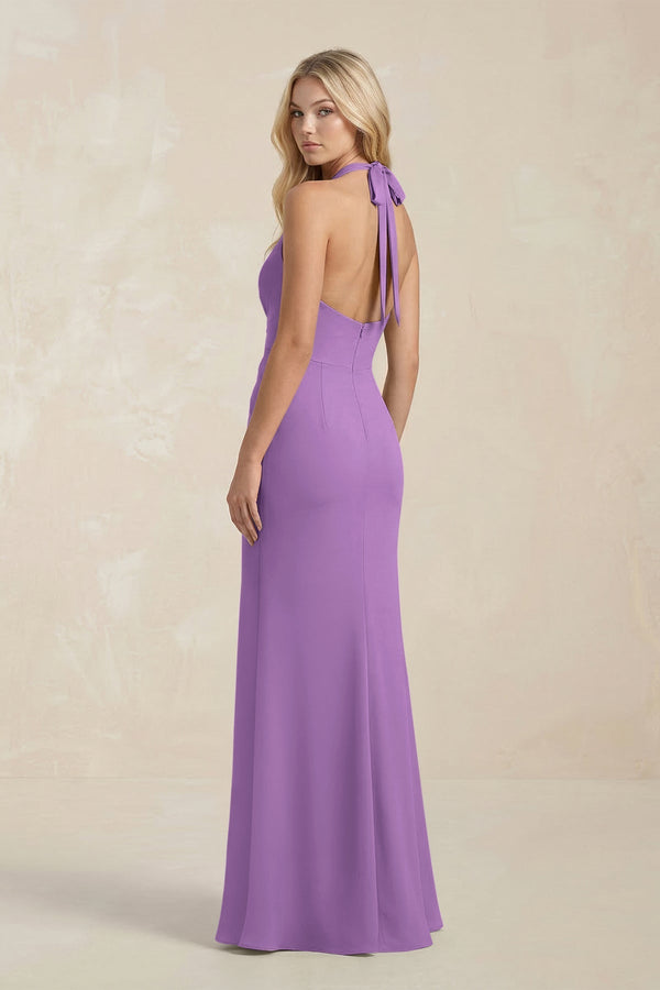 Ruched V - Neck Sheath Bridesmaid Dress With Bow in Wisteria - KissProm Bridesmaid Dresses