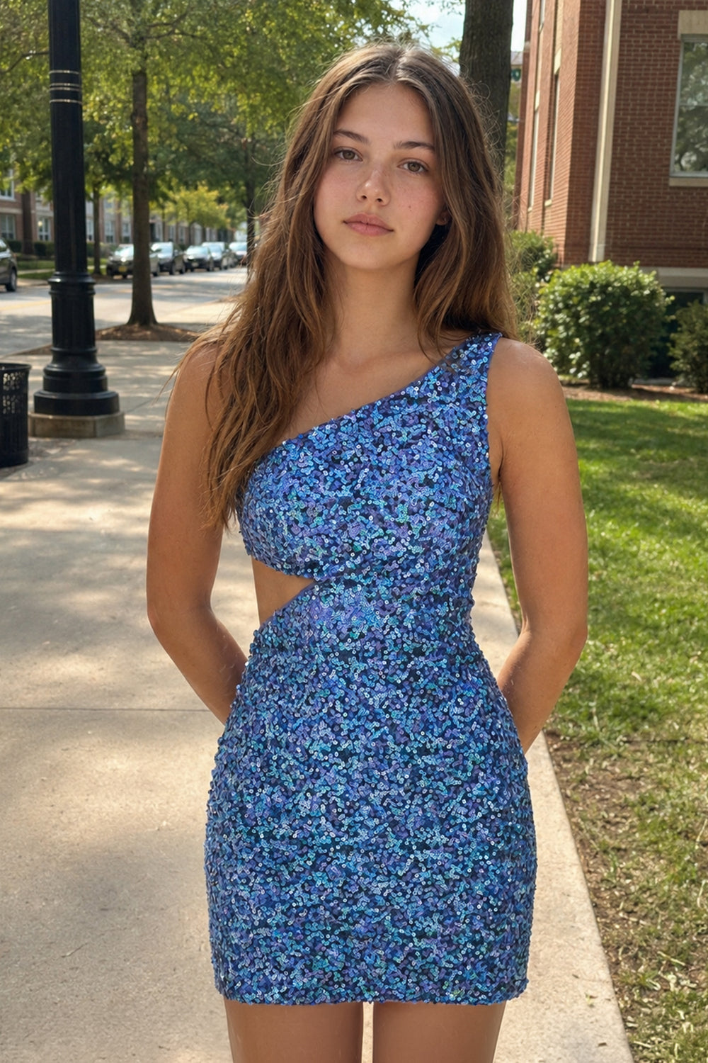 Blue - One Shoulder Sequins Bodycon Cut out Mini Homecoming Dresses-KISSPROM