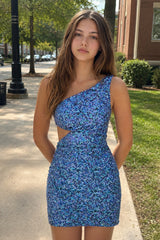 Blue - One Shoulder Sequins Bodycon Cut out Mini Homecoming Dresses-KISSPROM