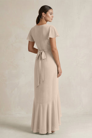 Rufffled V - Neck Sheath Chiffon Bridesmaid Dress in Almond - KissProm Bridesmaid Dresses