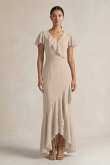 Rufffled V - Neck Sheath Chiffon Bridesmaid Dress in Almond - KissProm Bridesmaid Dresses