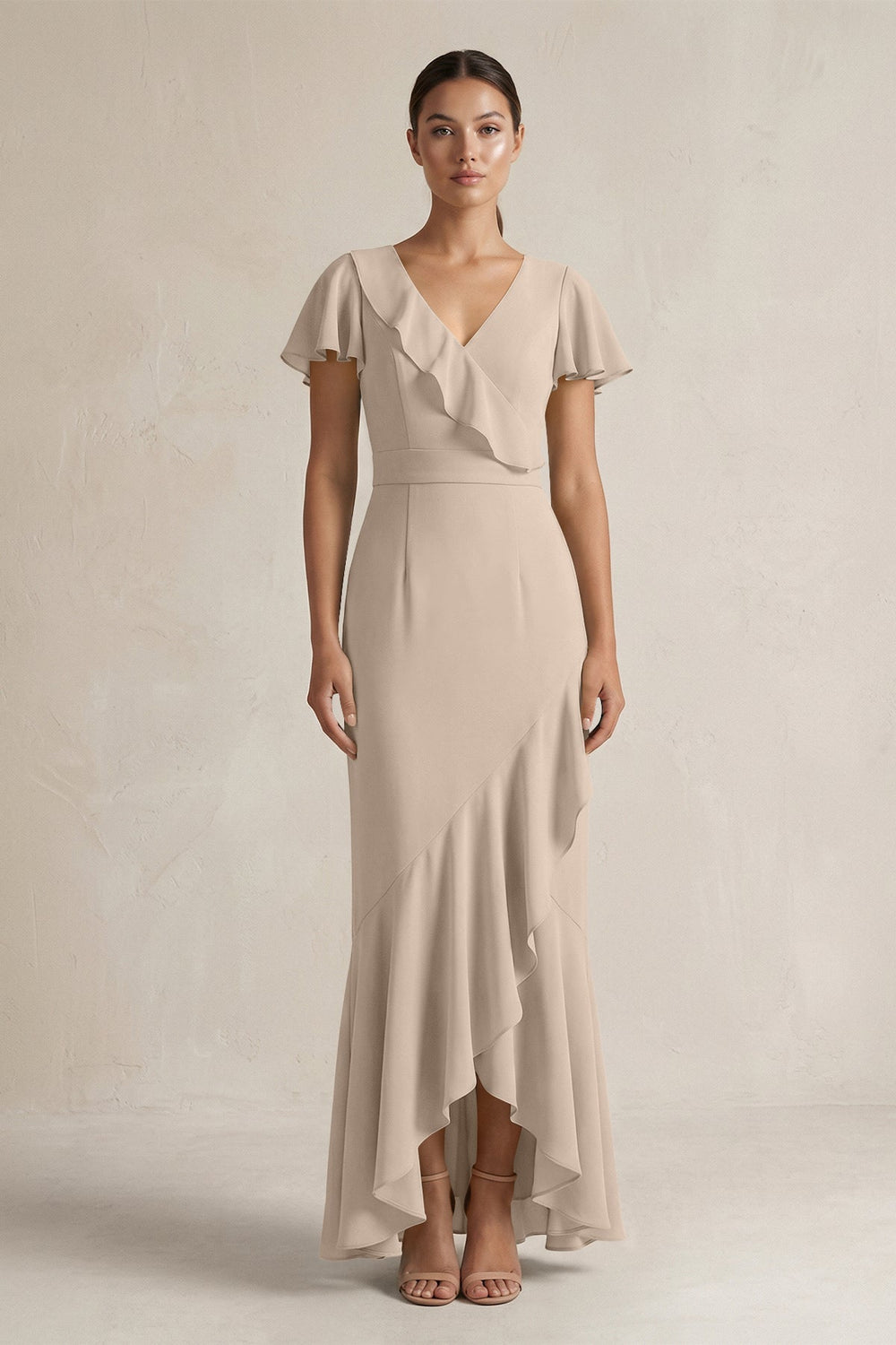 Rufffled V - Neck Sheath Chiffon Bridesmaid Dress in Almond - KissProm Bridesmaid Dresses