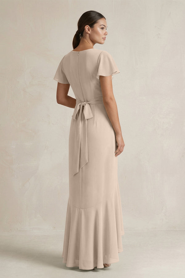 Rufffled V - Neck Sheath Chiffon Bridesmaid Dress in Almond - KissProm Bridesmaid Dresses