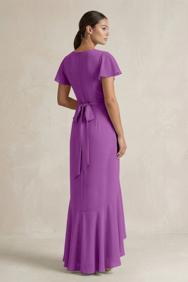 Rufffled V - Neck Sheath Chiffon Bridesmaid Dress in Amethyst - KissProm Bridesmaid Dresses