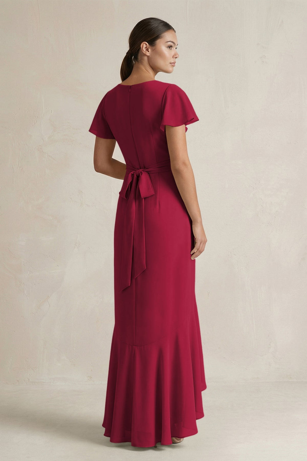 Rufffled V - Neck Sheath Chiffon Bridesmaid Dress in Berry - KissProm Bridesmaid Dresses