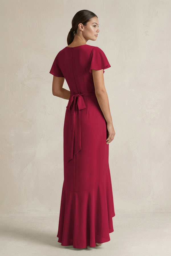 Rufffled V - Neck Sheath Chiffon Bridesmaid Dress in Berry - KissProm Bridesmaid Dresses