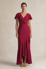Rufffled V - Neck Sheath Chiffon Bridesmaid Dress in Berry - KissProm Bridesmaid Dresses