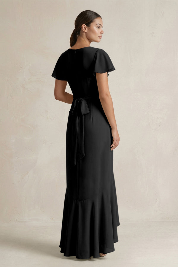 Rufffled V - Neck Sheath Chiffon Bridesmaid Dress in Black - KissProm Bridesmaid Dresses