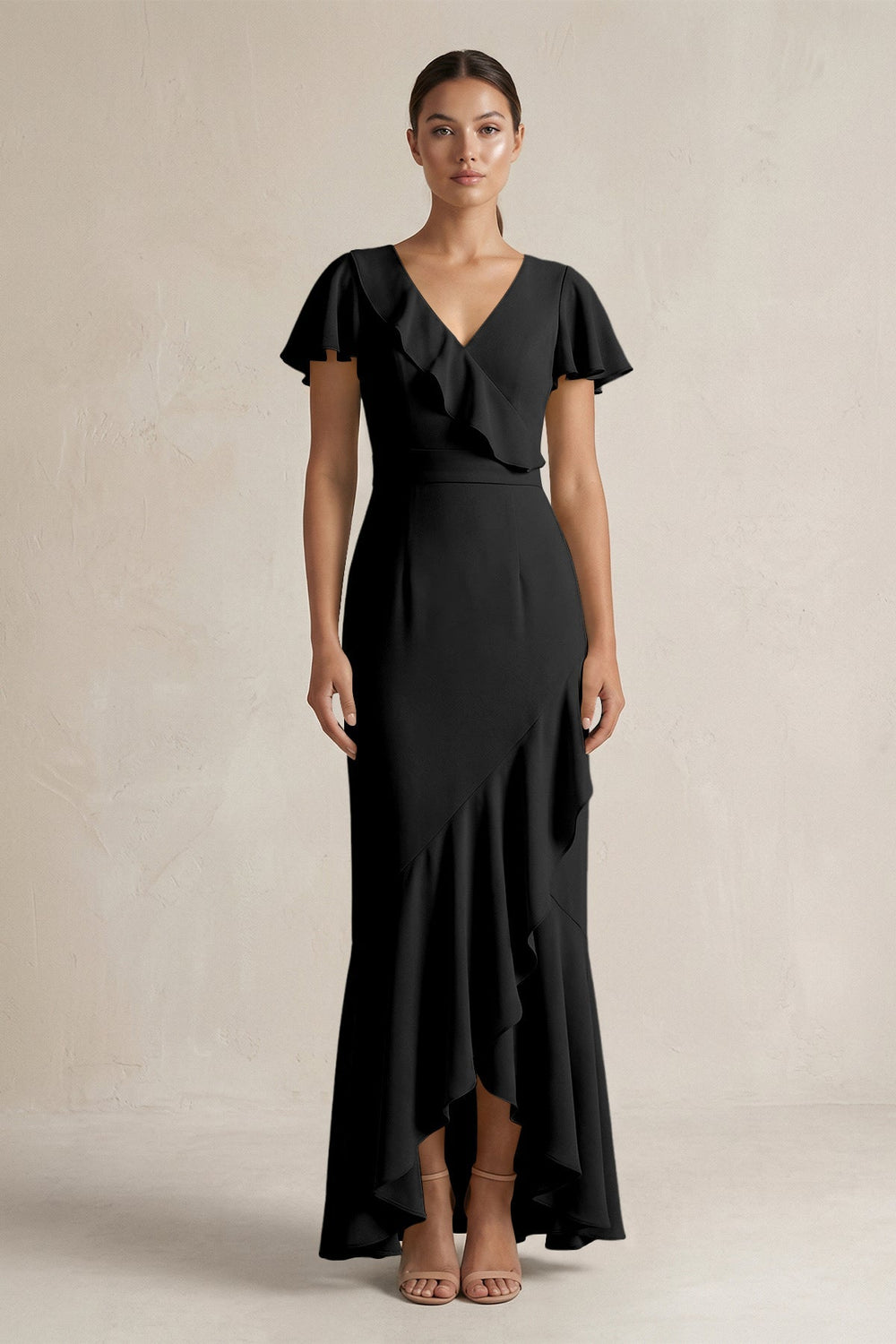 Rufffled V - Neck Sheath Chiffon Bridesmaid Dress in Black - KissProm Bridesmaid Dresses
