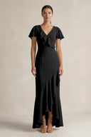 Rufffled V - Neck Sheath Chiffon Bridesmaid Dress in Black - KissProm Bridesmaid Dresses