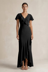 Rufffled V - Neck Sheath Chiffon Bridesmaid Dress in Black - KissProm Bridesmaid Dresses
