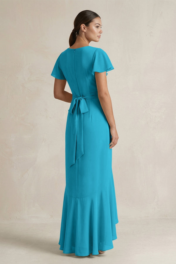 Rufffled V - Neck Sheath Chiffon Bridesmaid Dress in Blue Jay - KissProm Bridesmaid Dresses