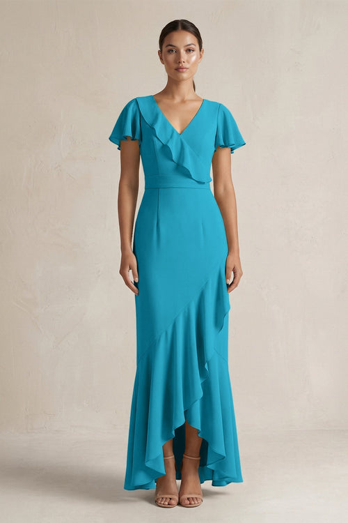 Rufffled V - Neck Sheath Chiffon Bridesmaid Dress in Blue Jay - KissProm Bridesmaid Dresses