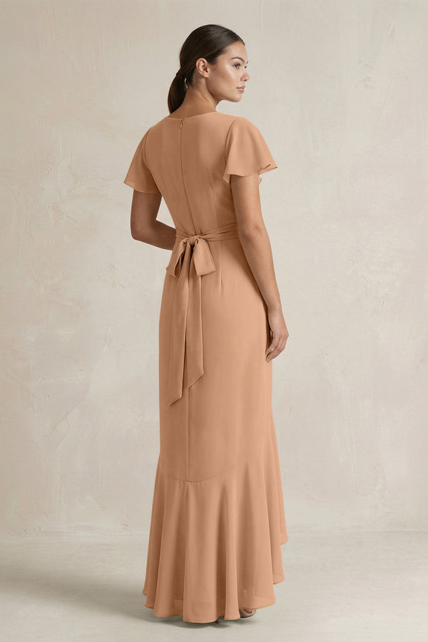 Rufffled V - Neck Sheath Chiffon Bridesmaid Dress in Bronzer - KissProm Bridesmaid Dresses