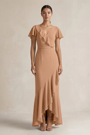 Rufffled V - Neck Sheath Chiffon Bridesmaid Dress in Bronzer - KissProm Bridesmaid Dresses