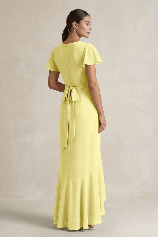 Rufffled V - Neck Sheath Chiffon Bridesmaid Dress in Buttercup - KissProm Bridesmaid Dresses