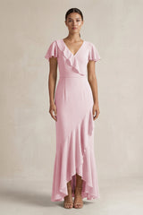 Rufffled V - Neck Sheath Chiffon Bridesmaid Dress in Candy Pink - KissProm Bridesmaid Dresses