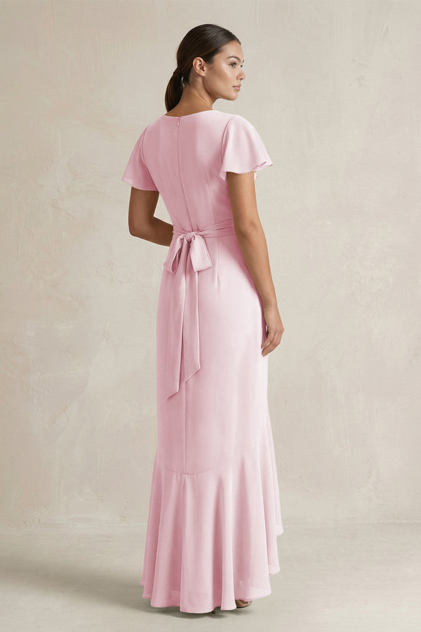 Rufffled V - Neck Sheath Chiffon Bridesmaid Dress in Candy Pink - KissProm Bridesmaid Dresses