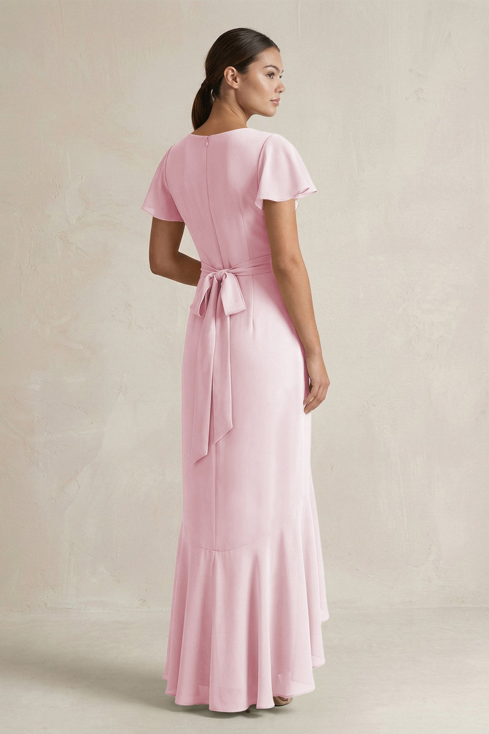 Rufffled V - Neck Sheath Chiffon Bridesmaid Dress in Candy Pink - KissProm Bridesmaid Dresses