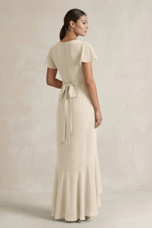 Rufffled V - Neck Sheath Chiffon Bridesmaid Dress in Champagne - KissProm Bridesmaid Dresses