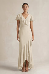 Rufffled V - Neck Sheath Chiffon Bridesmaid Dress in Champagne - KissProm Bridesmaid Dresses