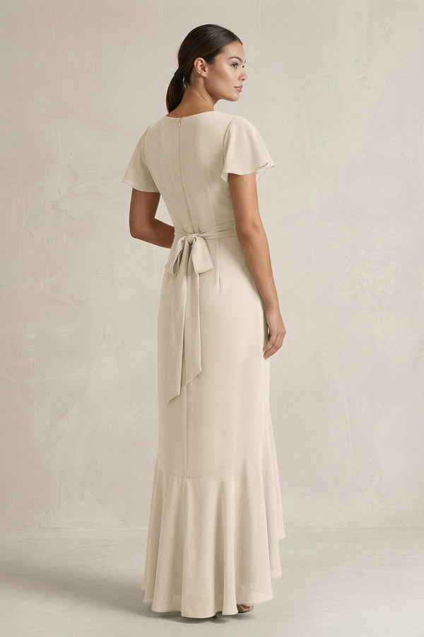 Rufffled V - Neck Sheath Chiffon Bridesmaid Dress in Champagne - KissProm Bridesmaid Dresses