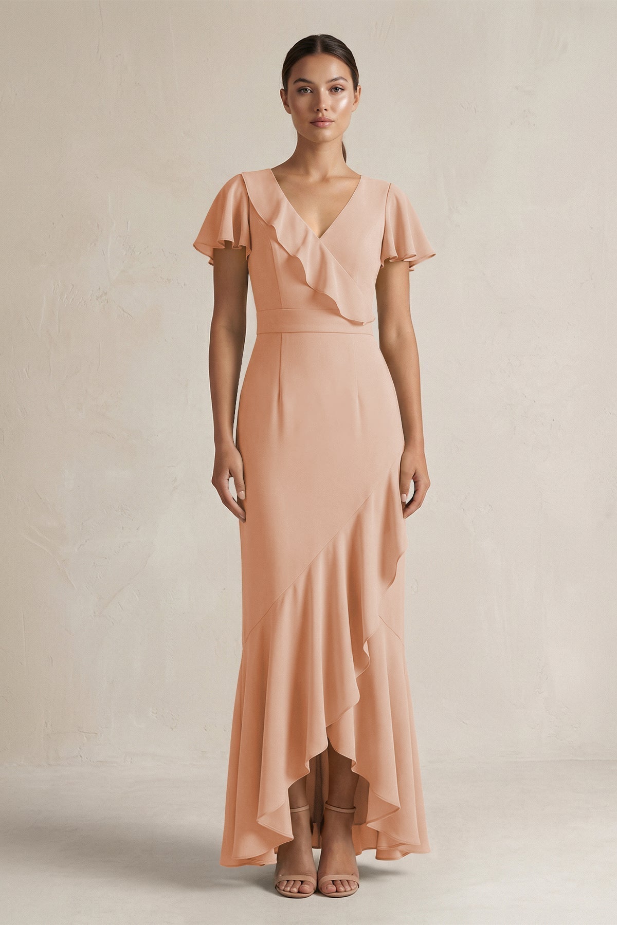 KissProm Rufffled V-Neck Sheath Chiffon Bridesmaid Dress in Champagne Rose, Champagne Rose / 2