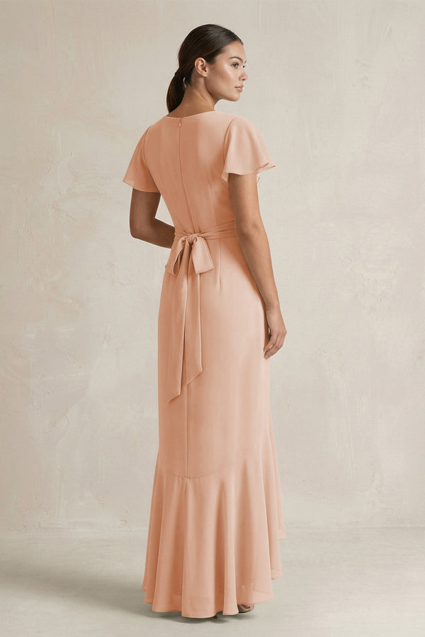 Rufffled V - Neck Sheath Chiffon Bridesmaid Dress in Champagne Rose - KissProm Bridesmaid Dresses