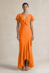 Rufffled V - Neck Sheath Chiffon Bridesmaid Dress in Cinnamon - KissProm Bridesmaid Dresses