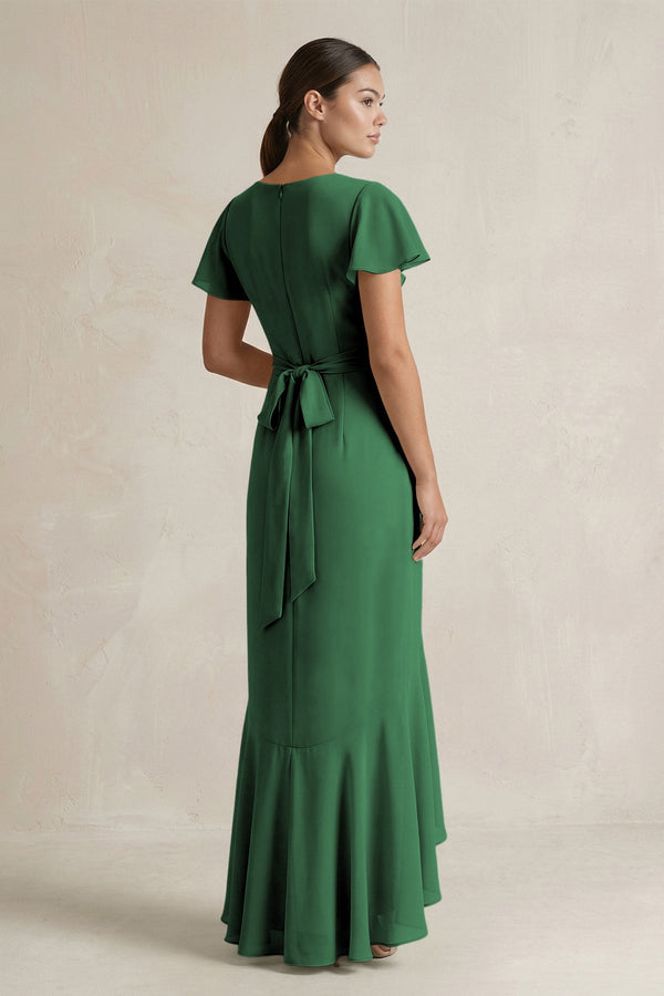 Rufffled V - Neck Sheath Chiffon Bridesmaid Dress in Dark Green - KissProm Bridesmaid Dresses