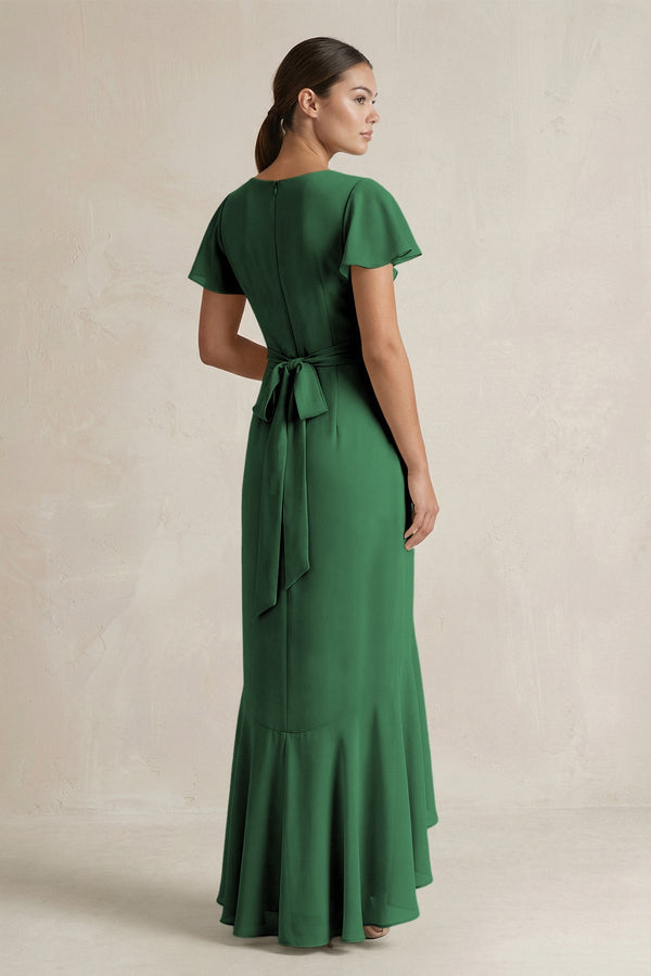 Rufffled V - Neck Sheath Chiffon Bridesmaid Dress in Dark Green - KissProm Bridesmaid Dresses