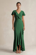 Rufffled V - Neck Sheath Chiffon Bridesmaid Dress in Dark Green - KissProm Bridesmaid Dresses