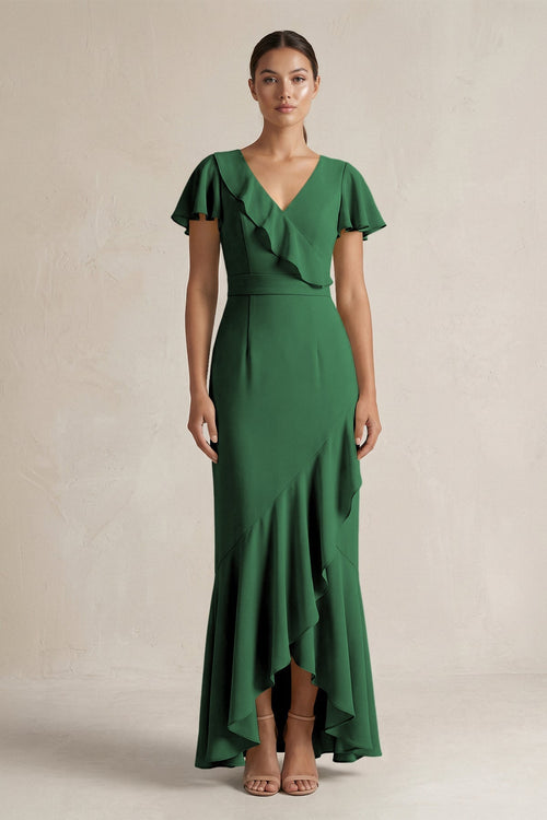 Rufffled V - Neck Sheath Chiffon Bridesmaid Dress in Dark Green - KissProm Bridesmaid Dresses
