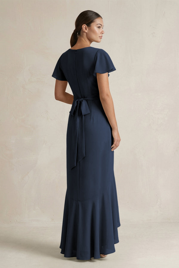 Rufffled V - Neck Sheath Chiffon Bridesmaid Dress in Dark Navy - KissProm Bridesmaid Dresses