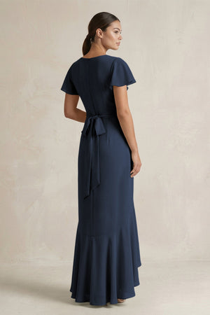 Rufffled V - Neck Sheath Chiffon Bridesmaid Dress in Dark Navy - KissProm Bridesmaid Dresses