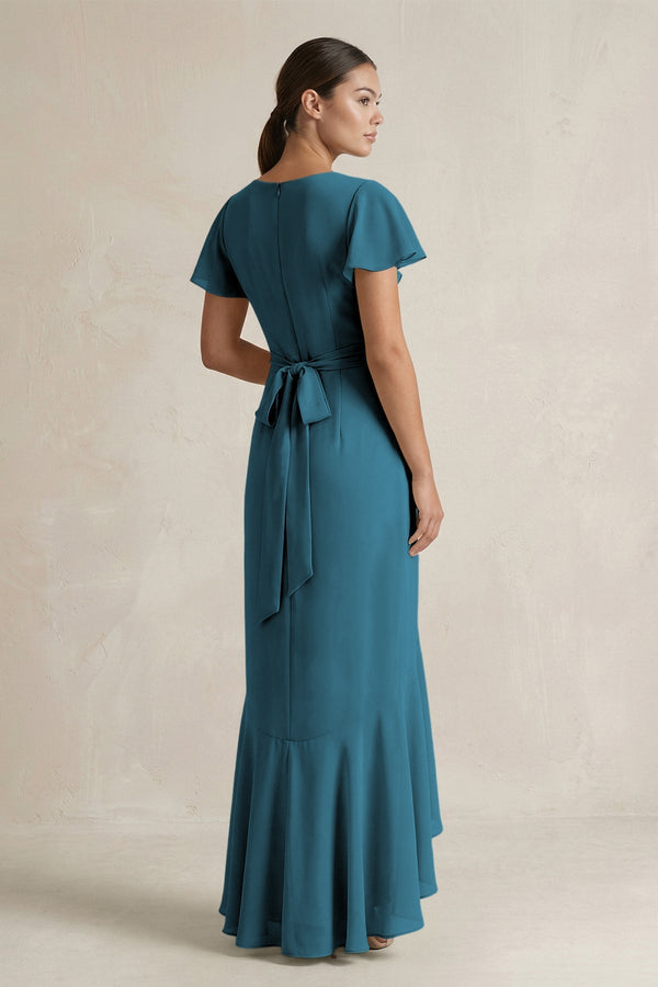 Rufffled V - Neck Sheath Chiffon Bridesmaid Dress in Dark Teal - KissProm Bridesmaid Dresses
