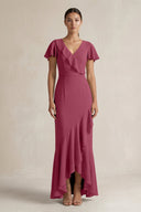 Rufffled V - Neck Sheath Chiffon Bridesmaid Dress in Desert Rose - KissProm Bridesmaid Dresses