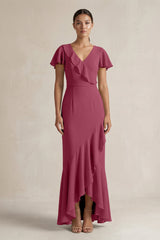 Rufffled V - Neck Sheath Chiffon Bridesmaid Dress in Desert Rose - KissProm Bridesmaid Dresses
