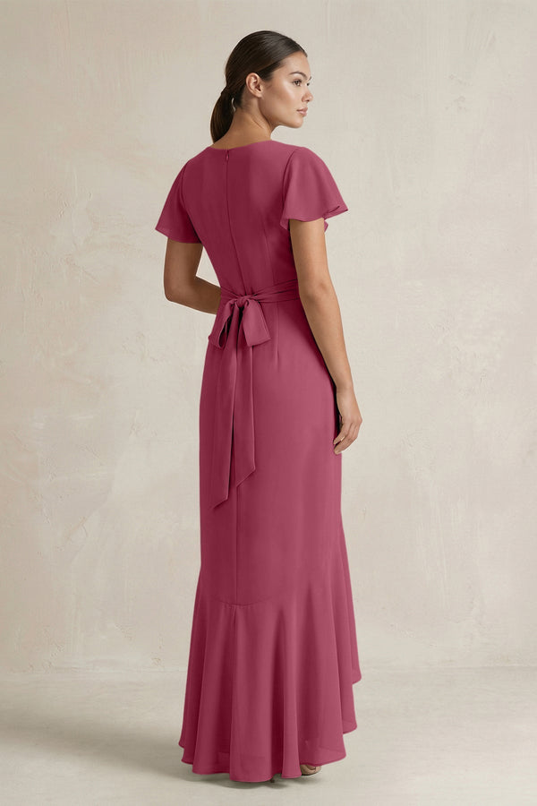 Rufffled V - Neck Sheath Chiffon Bridesmaid Dress in Desert Rose - KissProm Bridesmaid Dresses