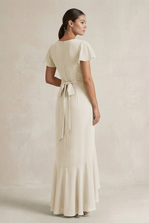 Rufffled V - Neck Sheath Chiffon Bridesmaid Dress in Dove Gray - KissProm Bridesmaid Dresses